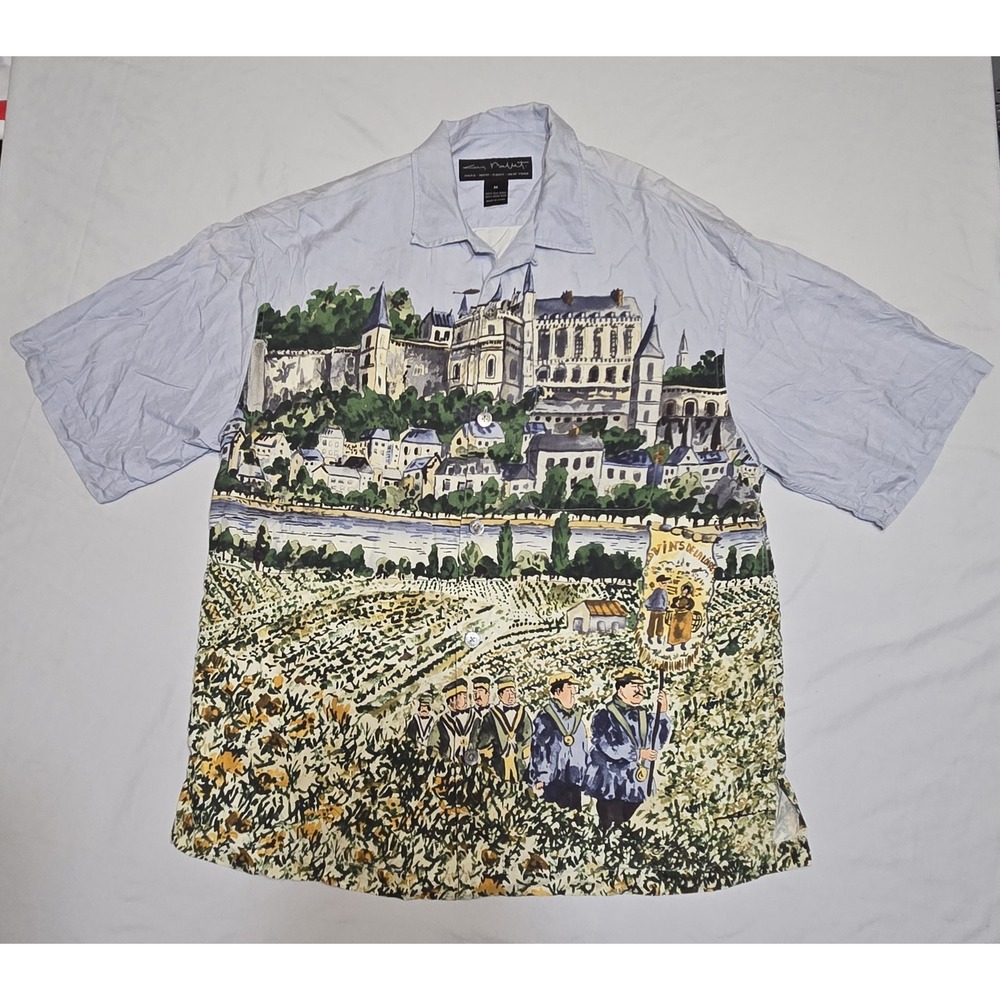 Vtg Guy Buffet Reyn Spooner Art 100% Silk Mens Button Shirt Medium Deco Wine Lux